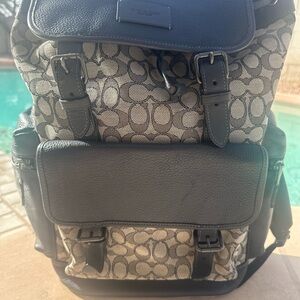 Coach Men’s Signature Monogram Canvas Backpack with Black Leather Trim